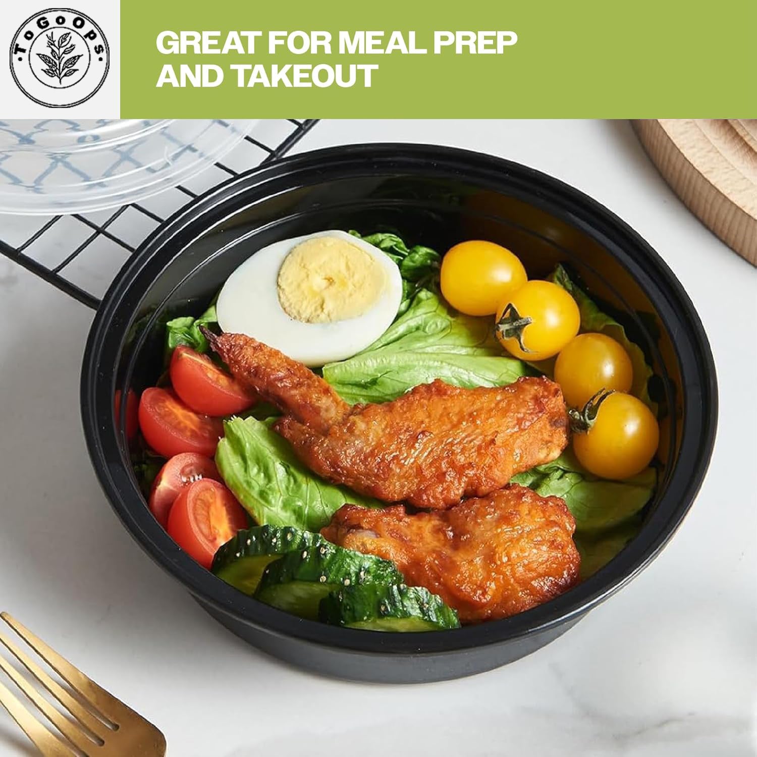 19/24/28oz Round Disposable Food Containers with Lids (150 Pack, Black & White)