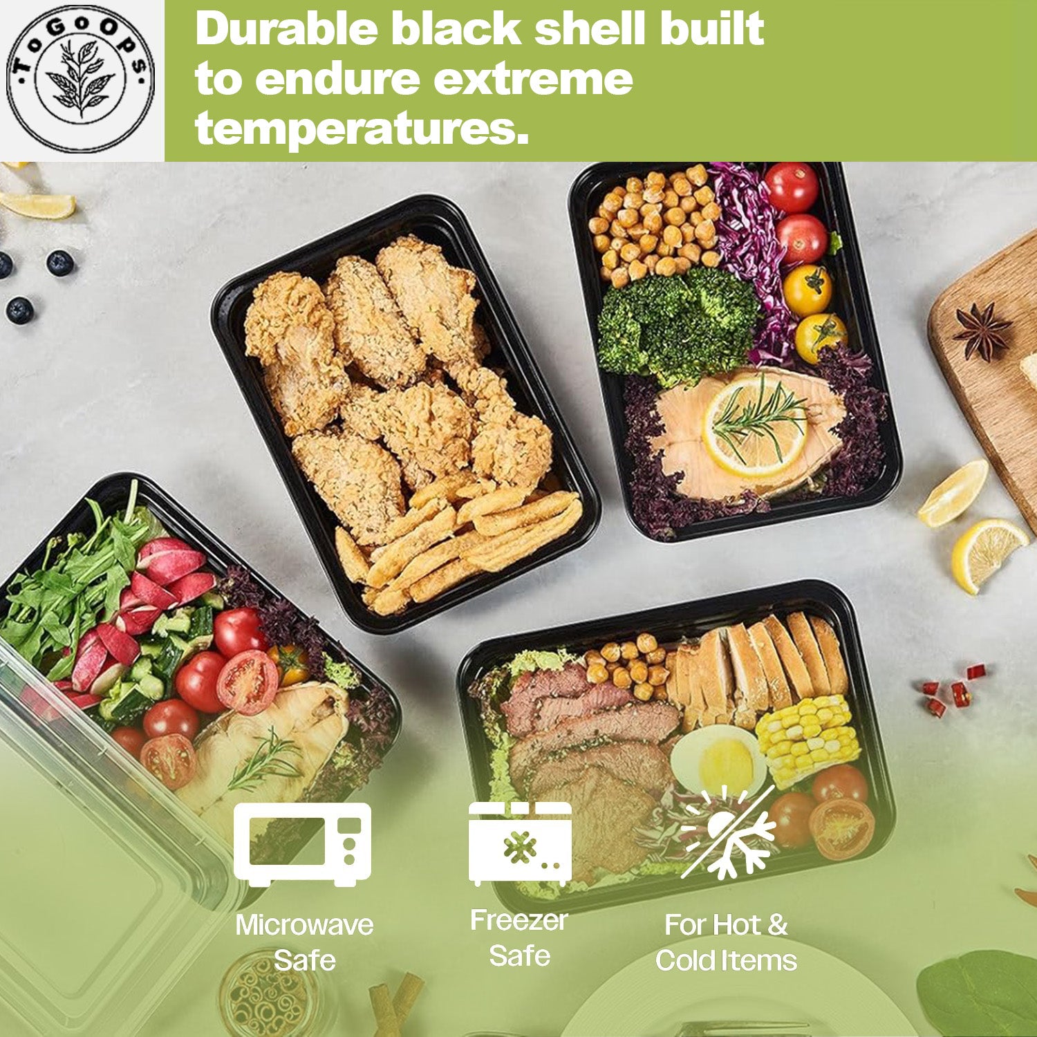 25/28/32oz Square Disposable Food Containers with Lids (150 Pack, Black & White)