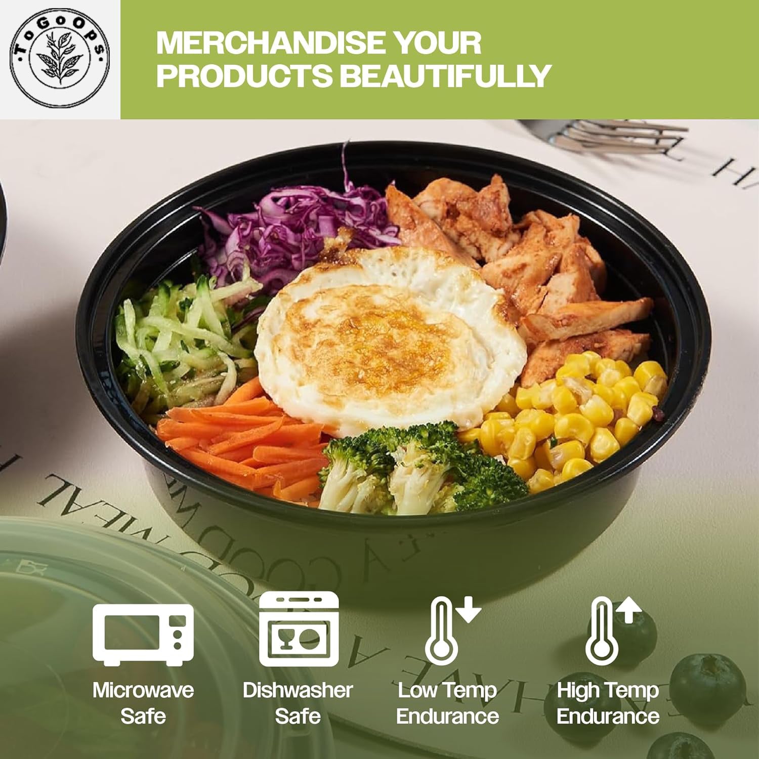 19/24/28oz Round Disposable Food Containers with Lids (150 Pack, Black & White)