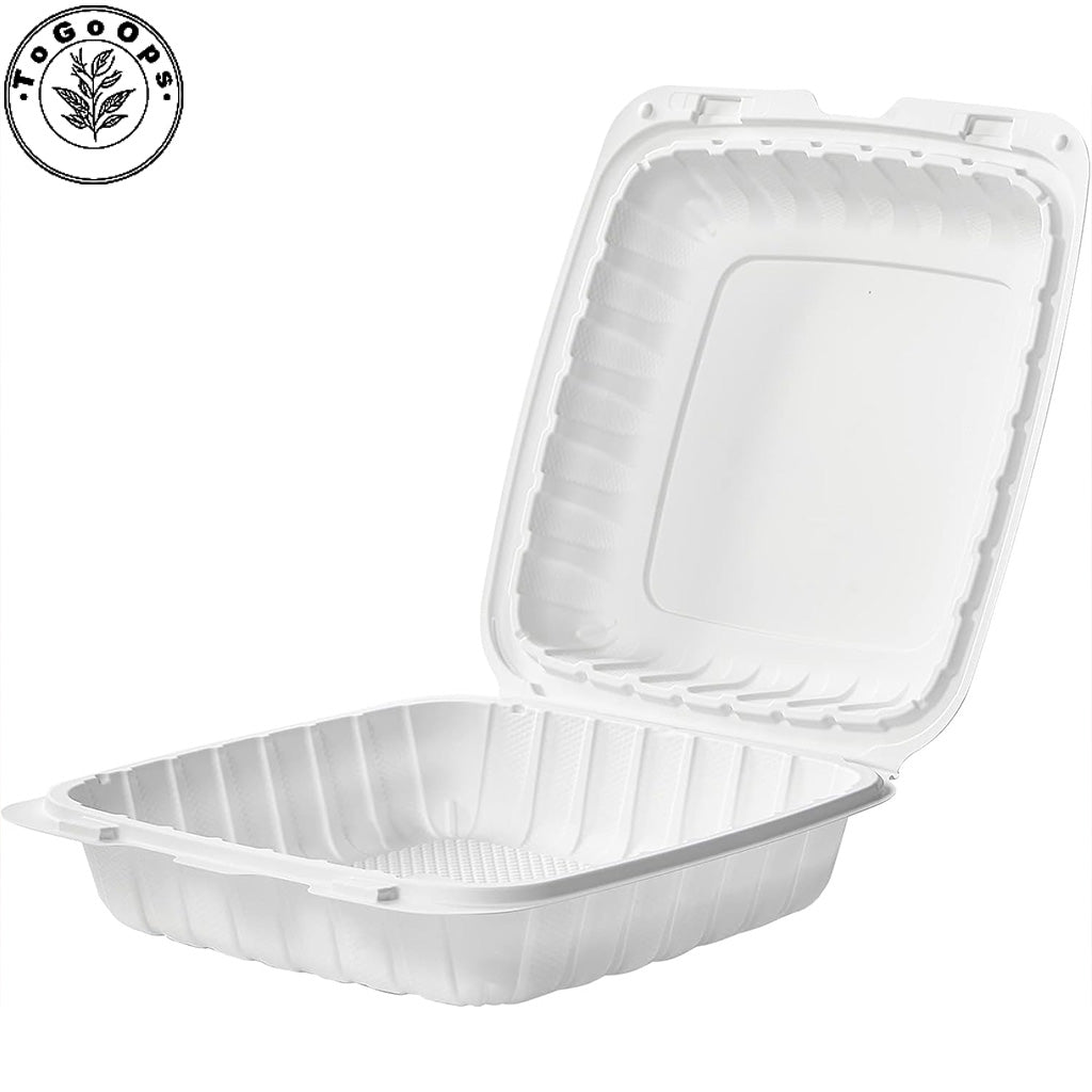 Larg PP Hinged Containers – 8x8x3, 9x9x3 in – 150 Pack, Eco-Friendly, Ideal for Takeout & Catering