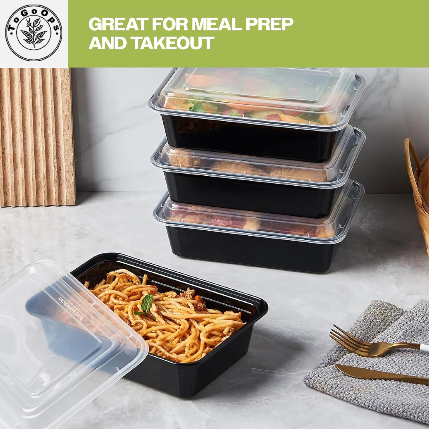 25/28/32oz Square Disposable Food Containers with Lids (150 Pack, Black & White)