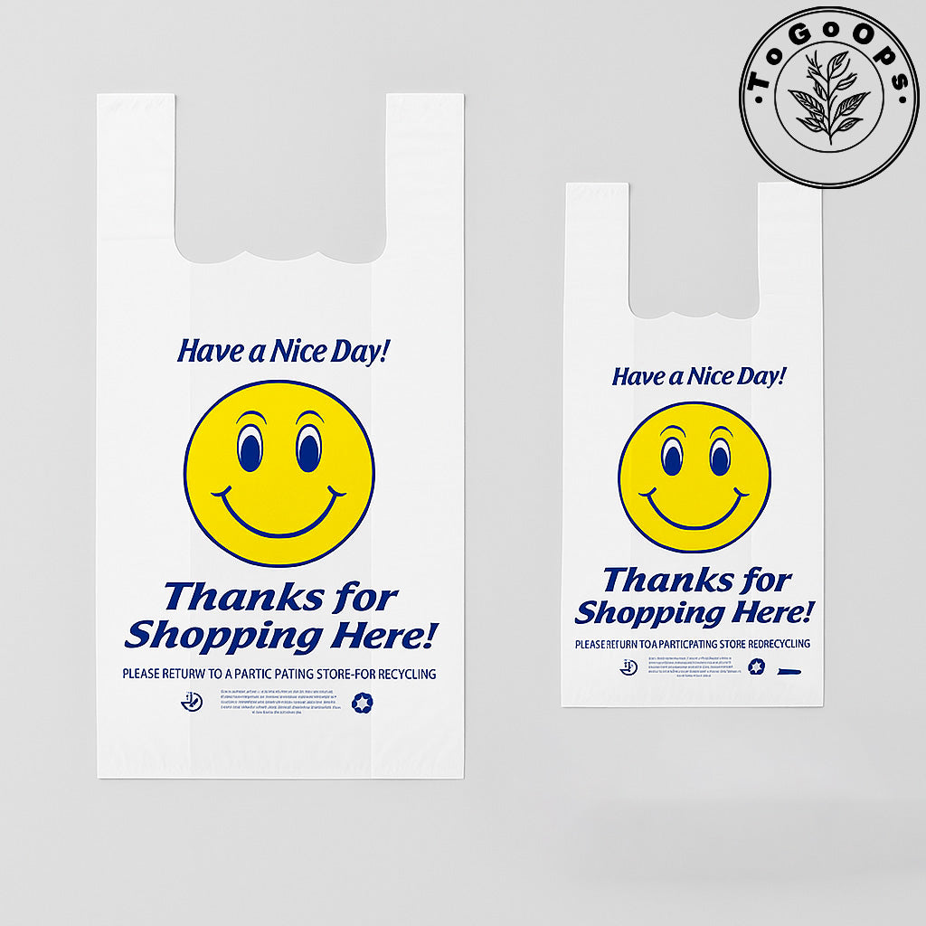 Plastic Shopping Bags with Smile Design – S1/6 (22”x12”) & S1/8 (18”x11.5”) – 180 or 260 Pack