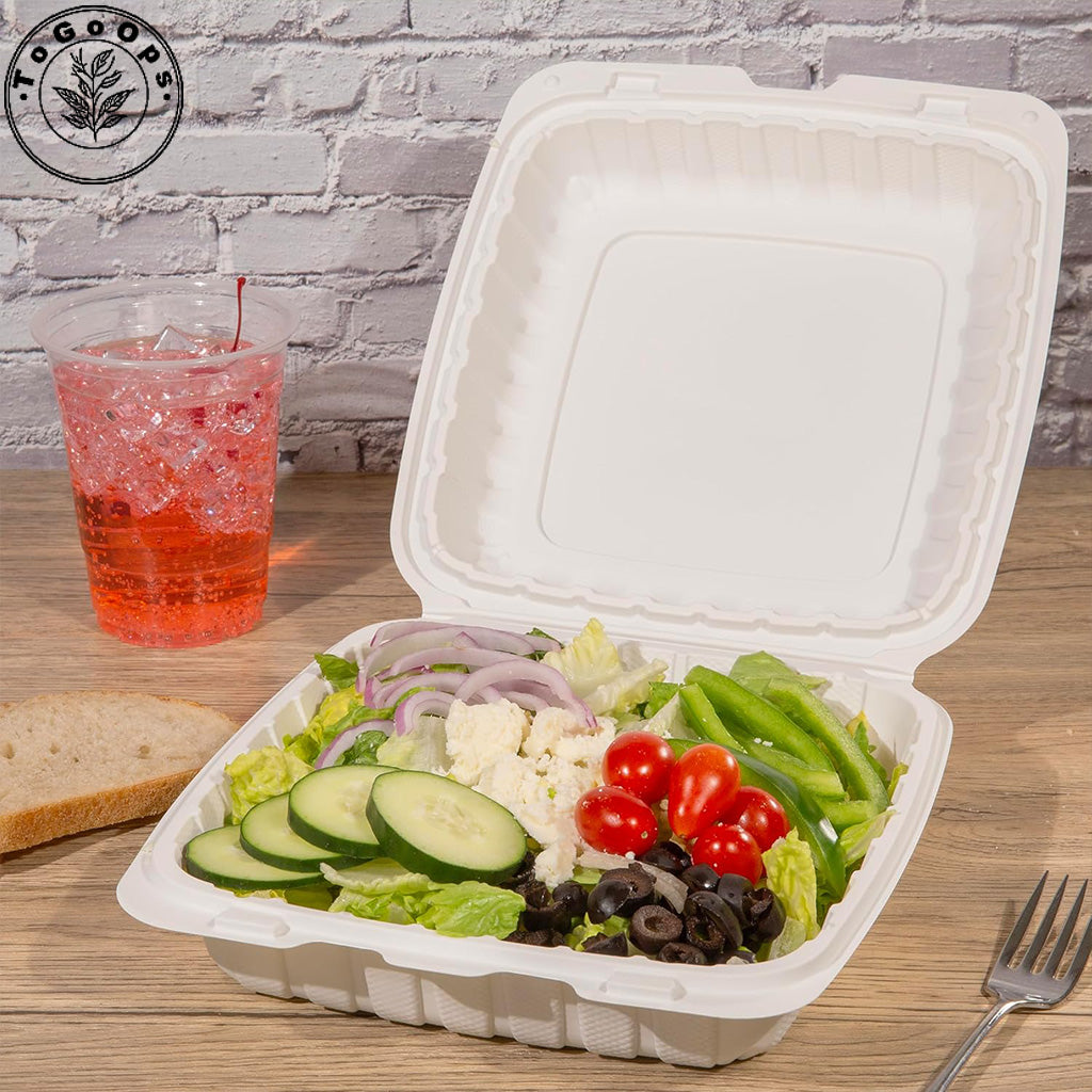 Larg PP Hinged Containers – 8x8x3, 9x9x3 in – 150 Pack, Eco-Friendly, Ideal for Takeout & Catering