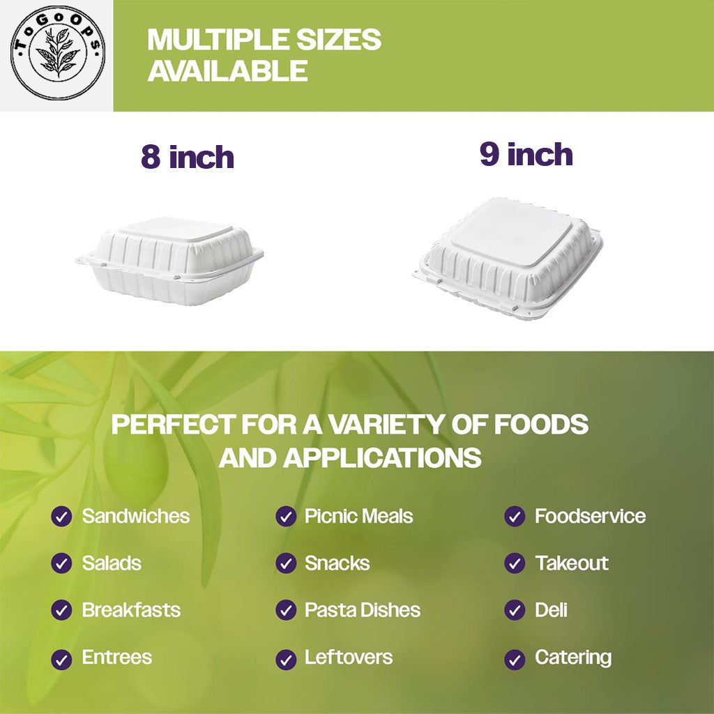 Larg PP Hinged Containers – 8x8x3, 9x9x3 in – 150 Pack, Eco-Friendly, Ideal for Takeout & Catering