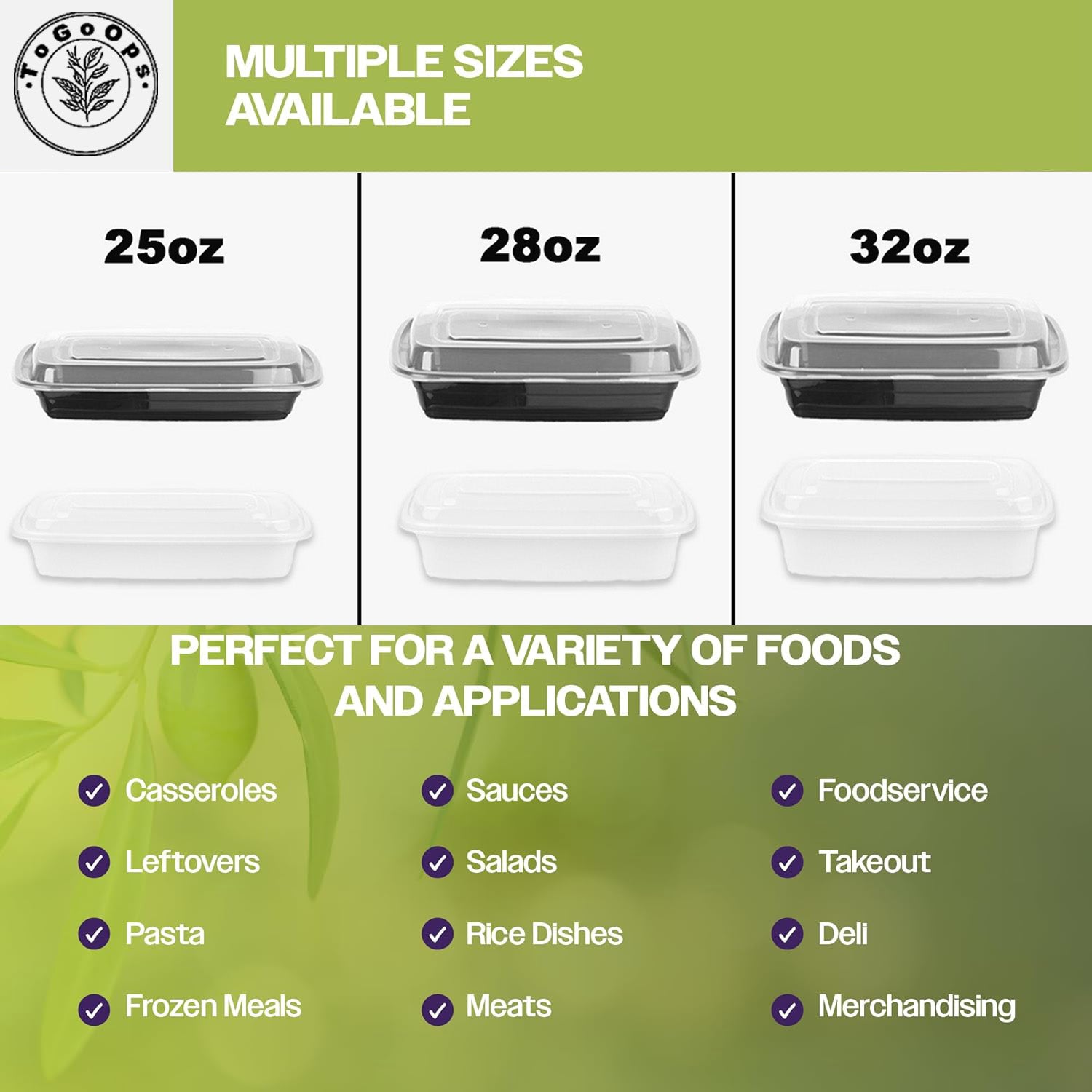 25/28/32oz Square Disposable Food Containers with Lids (150 Pack, Black & White)