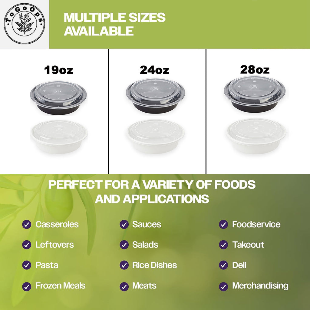 19/24/28oz Round Disposable Food Containers with Lids (150 Pack, Black & White)