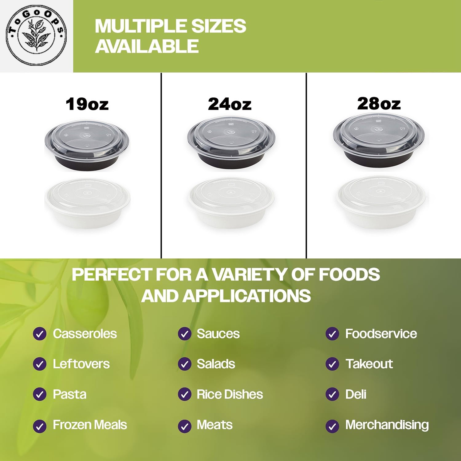 19/24/28oz Round Disposable Food Containers with Lids (150 Pack, Black & White)