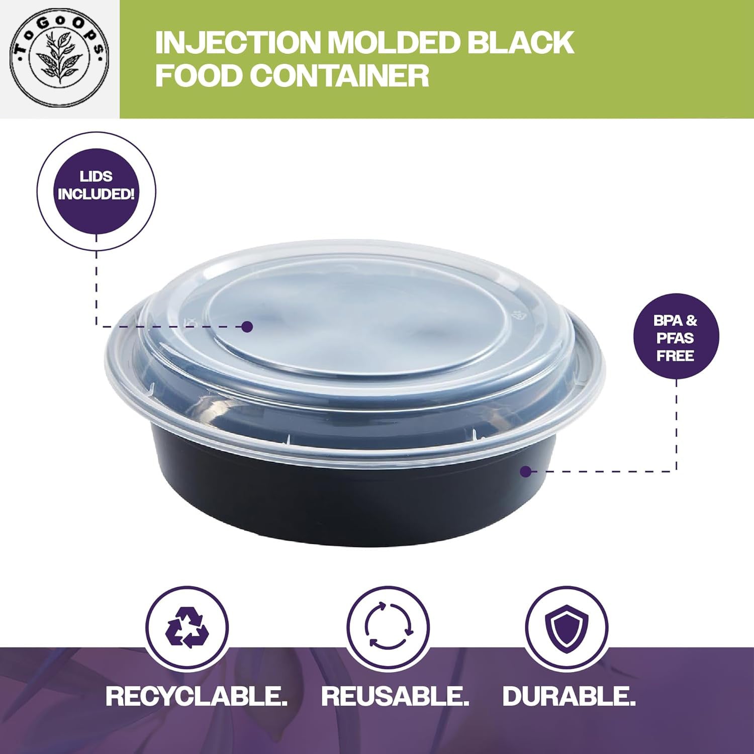 19/24/28oz Round Disposable Food Containers with Lids (150 Pack, Black & White)