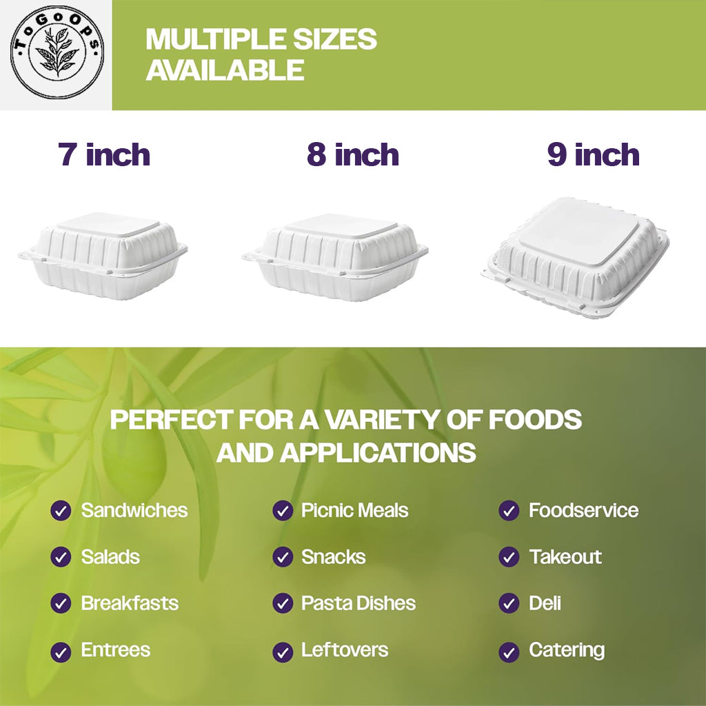 Large PP Hinged Containers – 7x7x3, 8x8x3, 9x9x3 inch, 3-Compartment – 50 Pack, Eco-Friendly, Ideal for Takeout & Catering