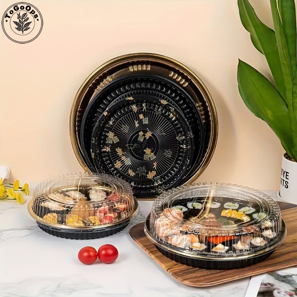 Round Japanese-Style Sushi & Party Trays with Lids – Disposable Plastic Containers for Sushi, Sashimi & Desserts