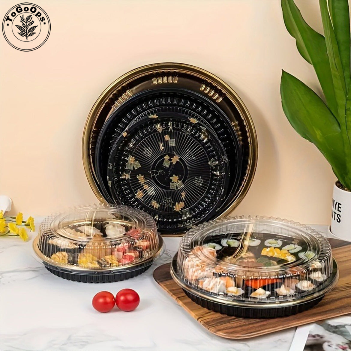 Round Japanese-Style Sushi & Party Trays with Lids – Disposable Plastic Containers for Sushi, Sashimi & Desserts