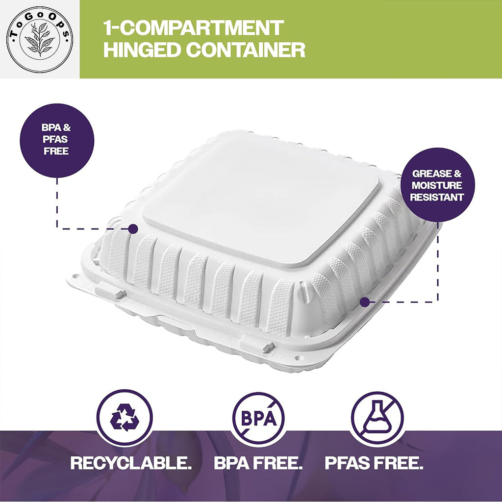 Large PP Hinged Containers – 7x7x3, 8x8x3, 9x9x3 inch, 3-Compartment – 50 Pack, Eco-Friendly, Ideal for Takeout & Catering