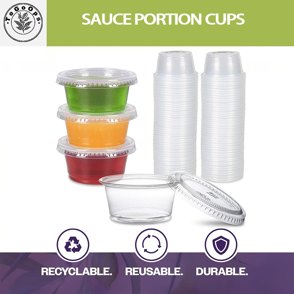 [200 Pack] Disposable Sauce Cups with Lids – 2oz, 3.25oz, 4oz | Leak-Resistant, Microwave & Freezer Safe