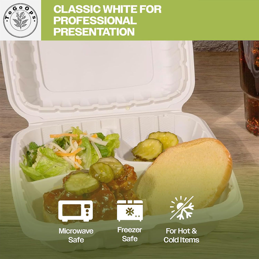 Large PP Hinged Containers – 7x7x3, 8x8x3, 9x9x3 inch, 3-Compartment – 50 Pack, Eco-Friendly, Ideal for Takeout & Catering