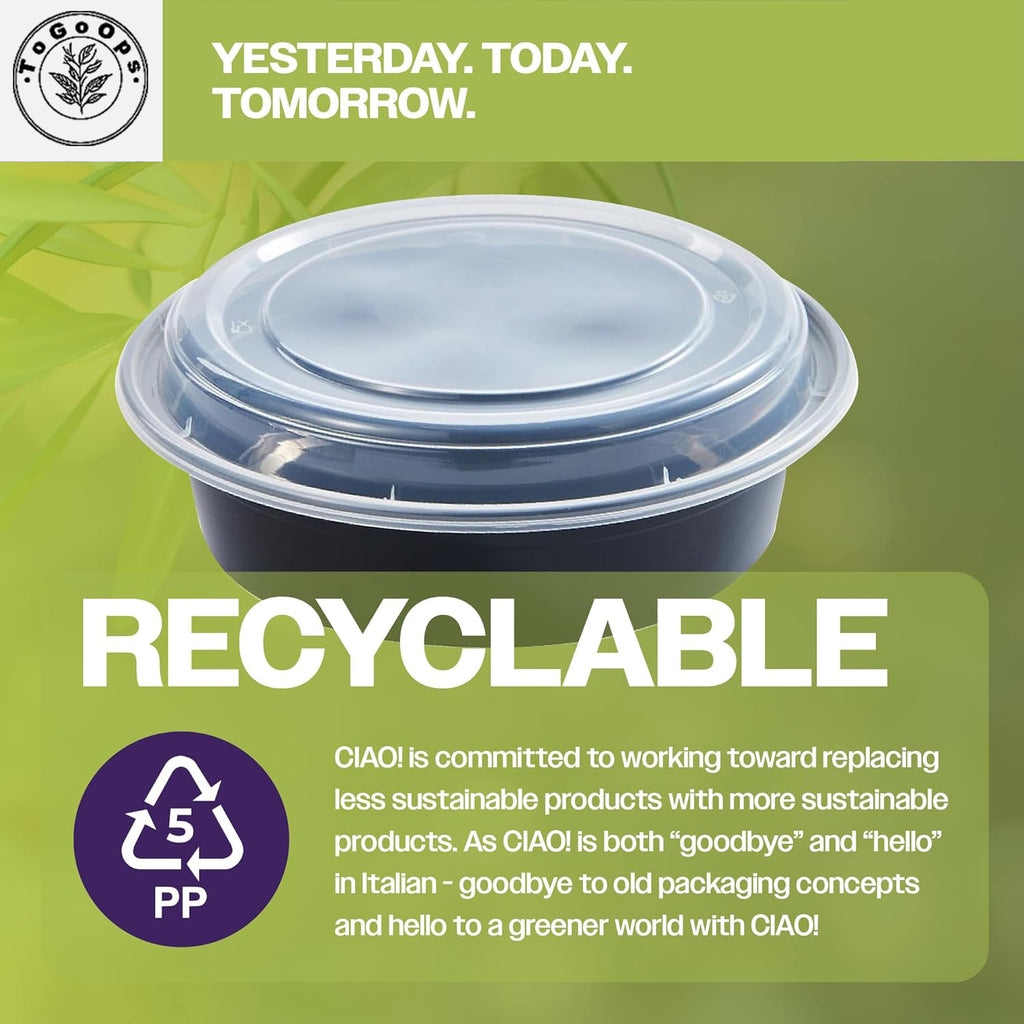 19/24/28oz Round Disposable Food Containers with Lids (150 Pack, Black & White)