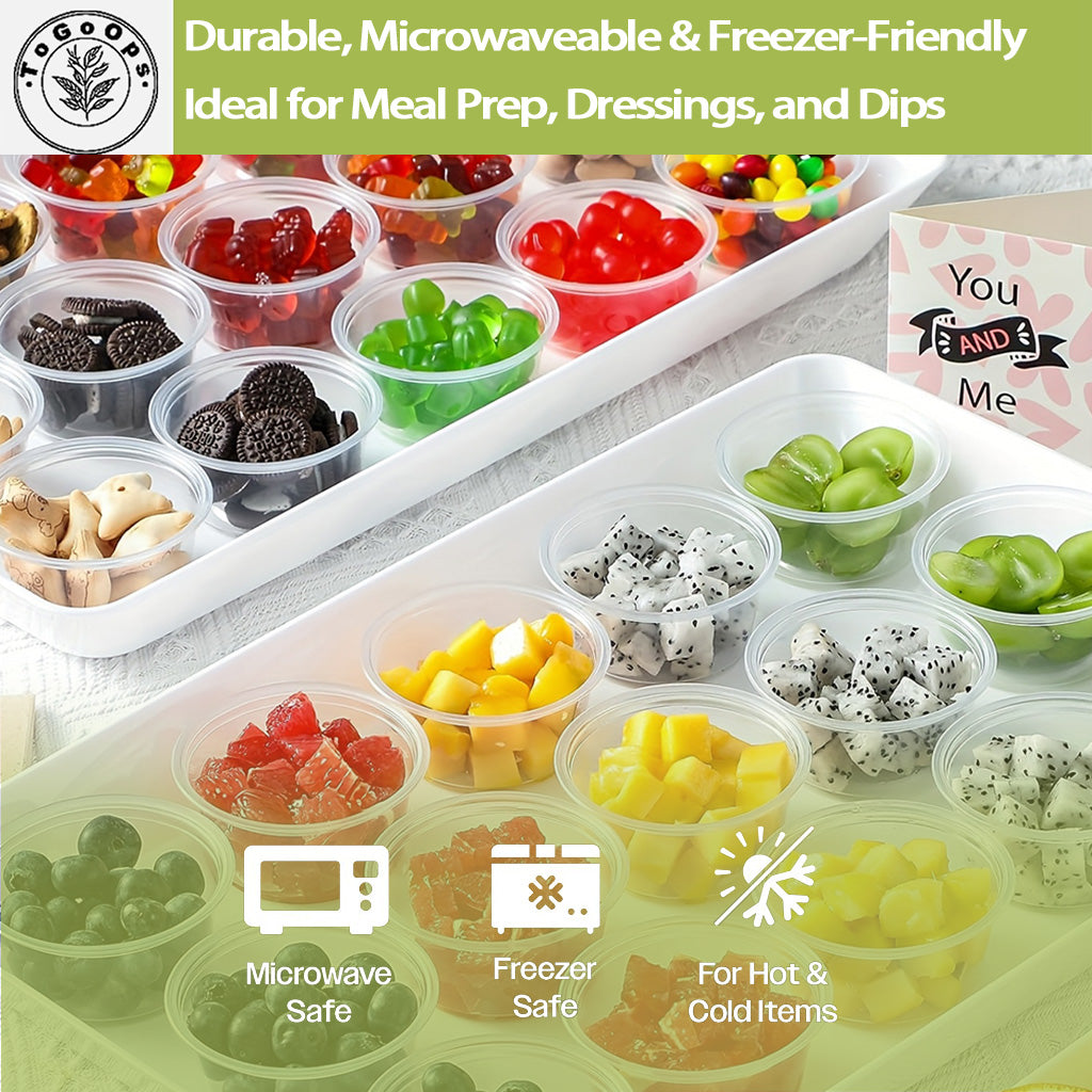 [200 Pack] Disposable Sauce Cups with Lids – 2oz, 3.25oz, 4oz | Leak-Resistant, Microwave & Freezer Safe