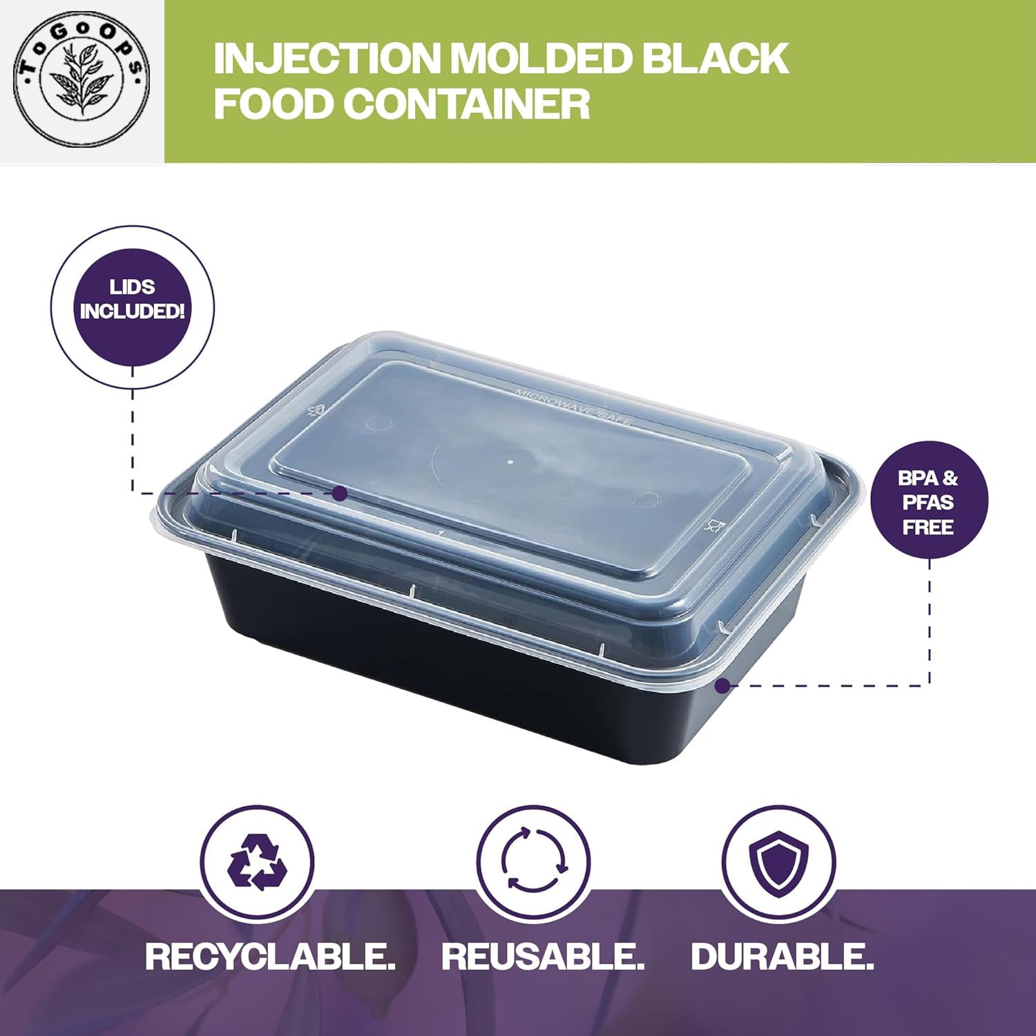 25/28/32oz Square Disposable Food Containers with Lids (150 Pack, Black & White)