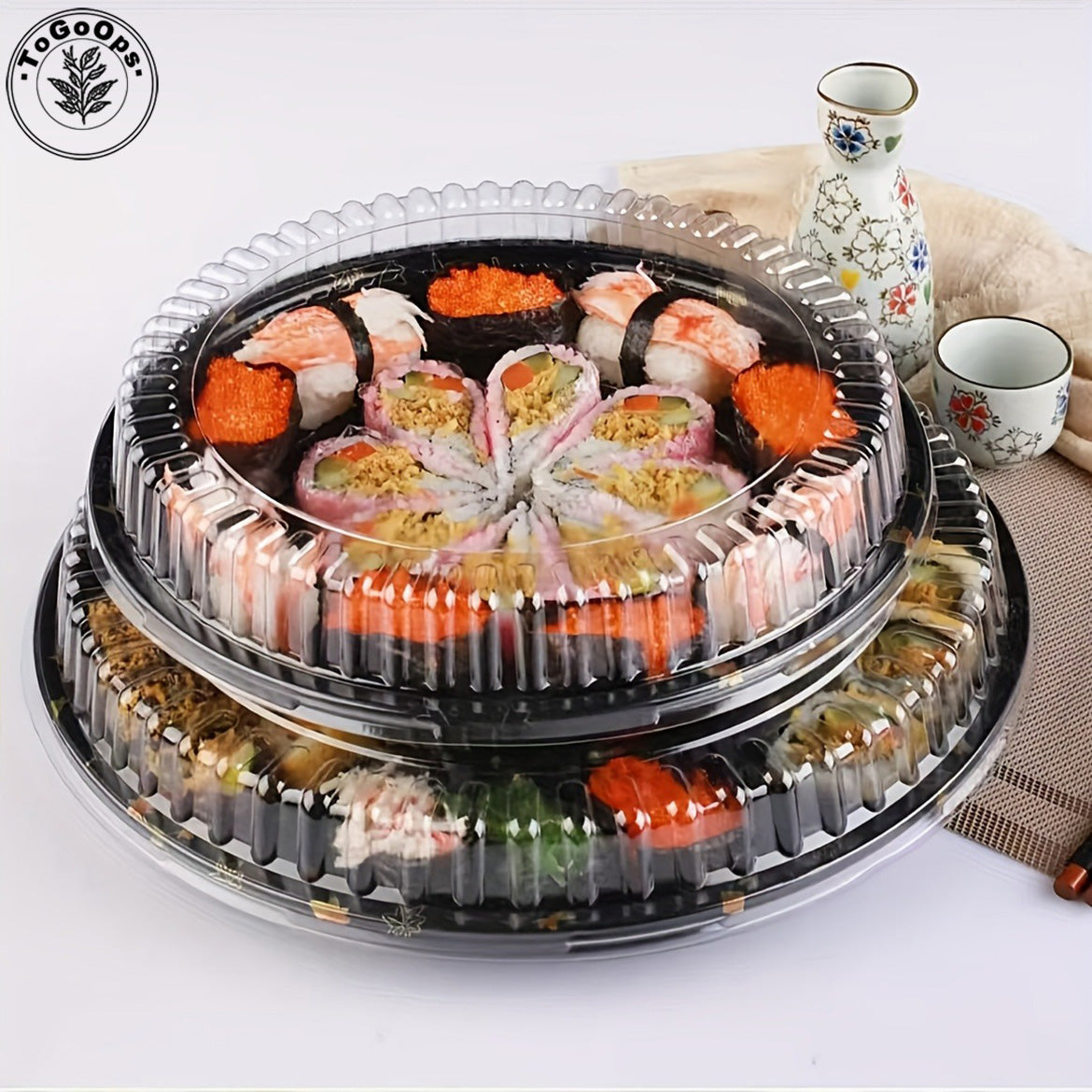 Round Japanese-Style Sushi & Party Trays with Lids – Disposable Plastic Containers for Sushi, Sashimi & Desserts