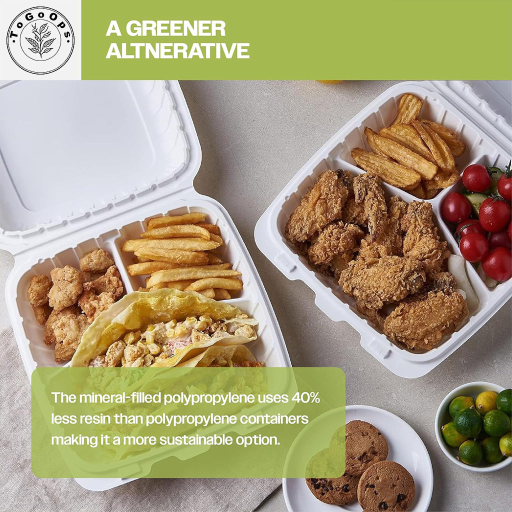 Large PP Hinged Containers – 7x7x3, 8x8x3, 9x9x3 inch, 3-Compartment – 50 Pack, Eco-Friendly, Ideal for Takeout & Catering