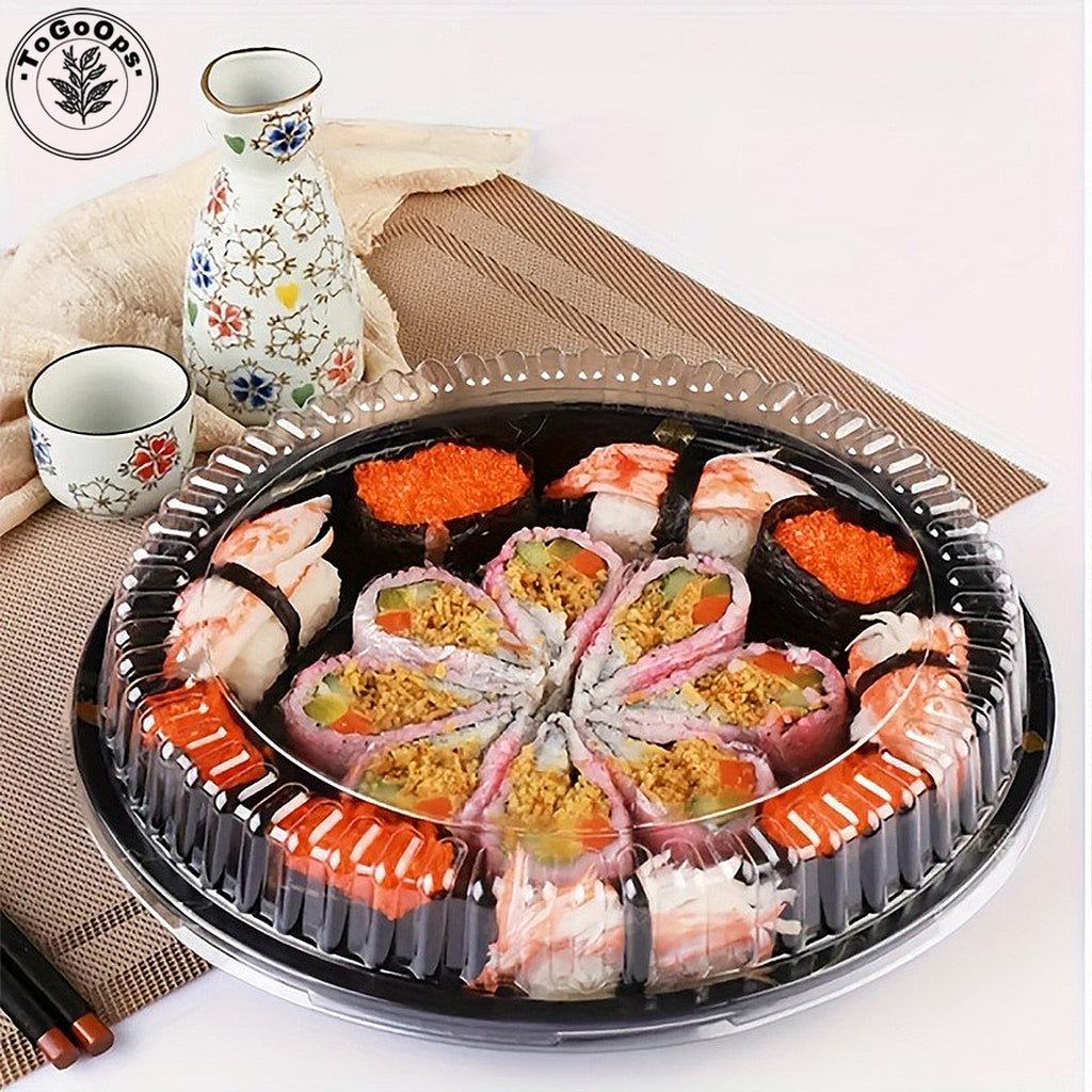 Round Japanese-Style Sushi & Party Trays with Lids – Disposable Plastic Containers for Sushi, Sashimi & Desserts