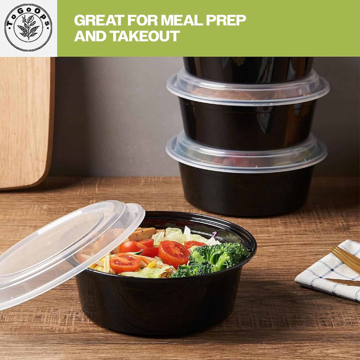 19/24/28oz Round Disposable Food Containers with Lids (150 Pack, Black & White)