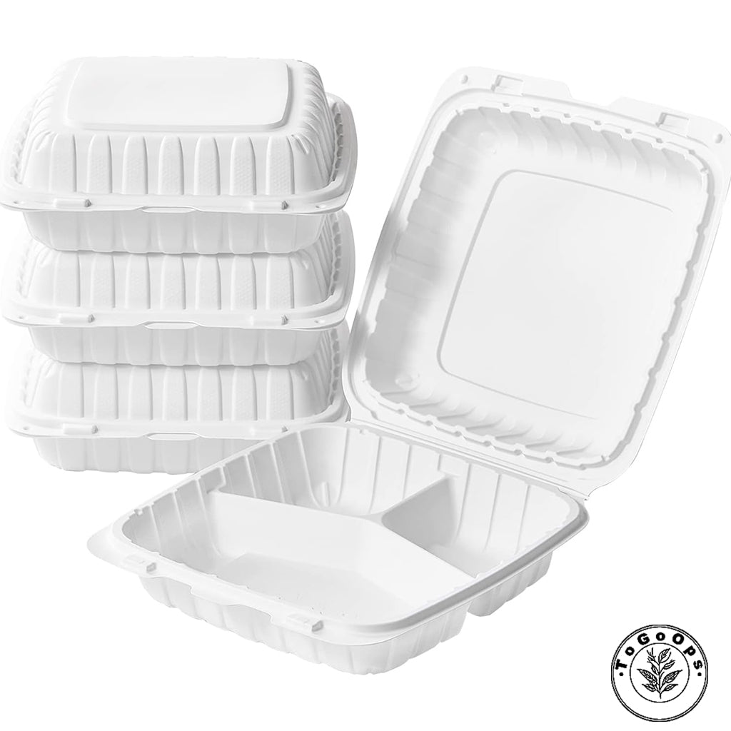 Large PP Hinged Containers – 7x7x3, 8x8x3, 9x9x3 inch, 3-Compartment – 50 Pack, Eco-Friendly, Ideal for Takeout & Catering