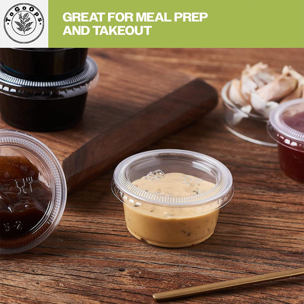 [200 Pack] Disposable Sauce Cups with Lids – 2oz, 3.25oz, 4oz | Leak-Resistant, Microwave & Freezer Safe