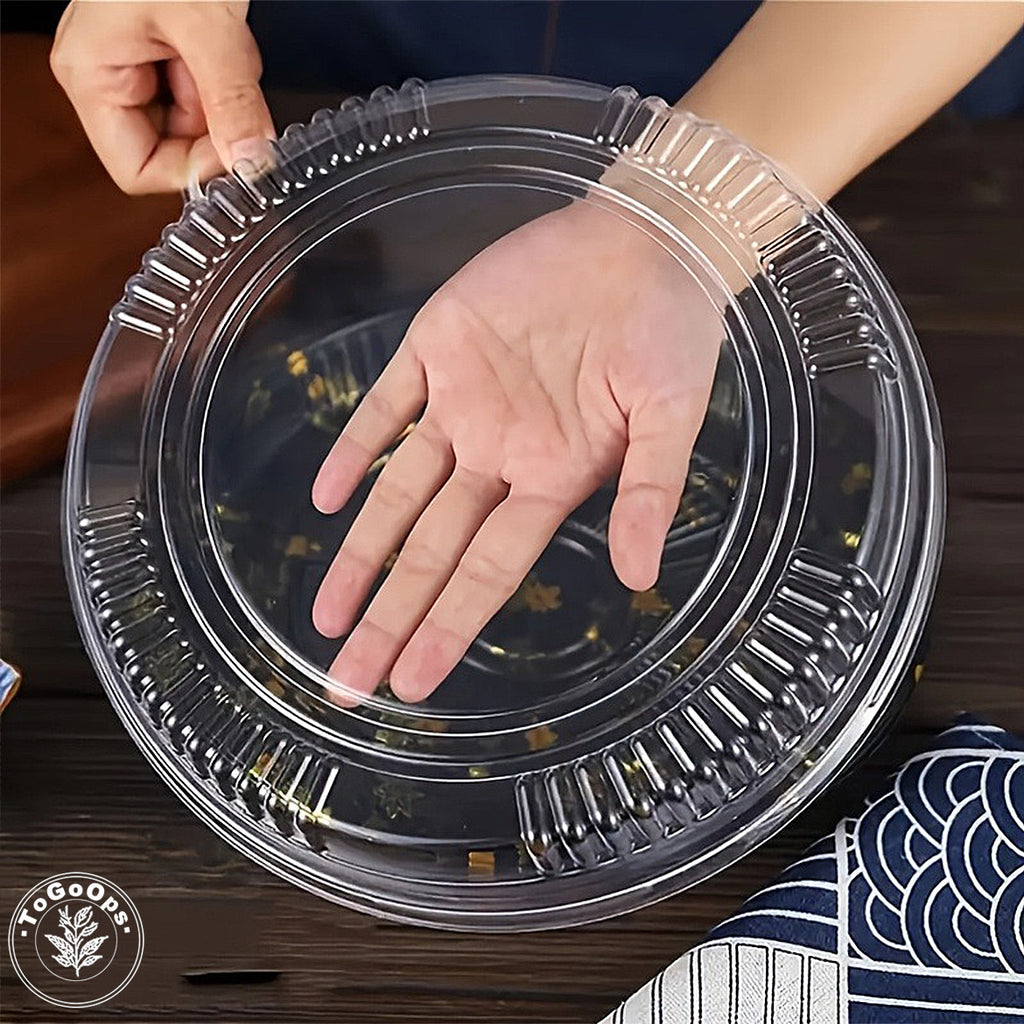 Round Japanese-Style Sushi & Party Trays with Lids – Disposable Plastic Containers for Sushi, Sashimi & Desserts