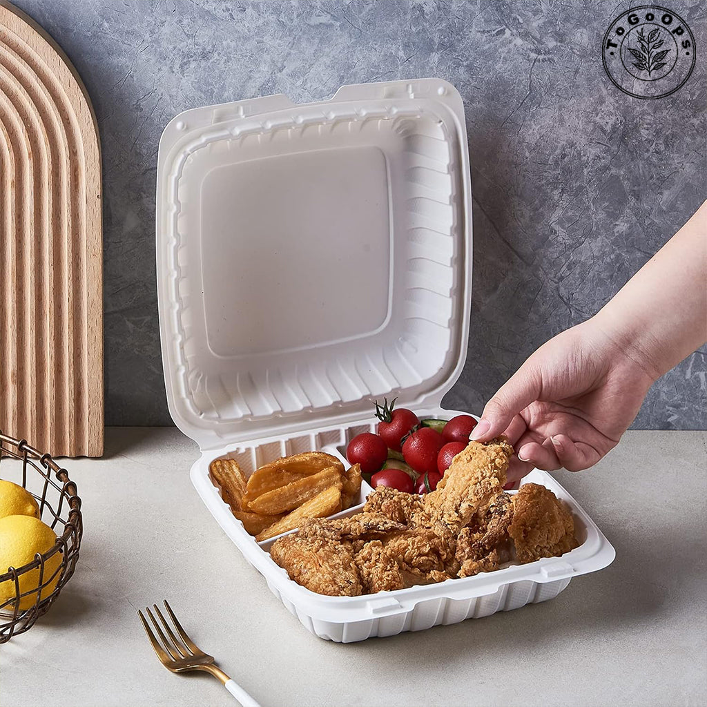 Large PP Hinged Containers – 7x7x3, 8x8x3, 9x9x3 inch, 3-Compartment – 50 Pack, Eco-Friendly, Ideal for Takeout & Catering