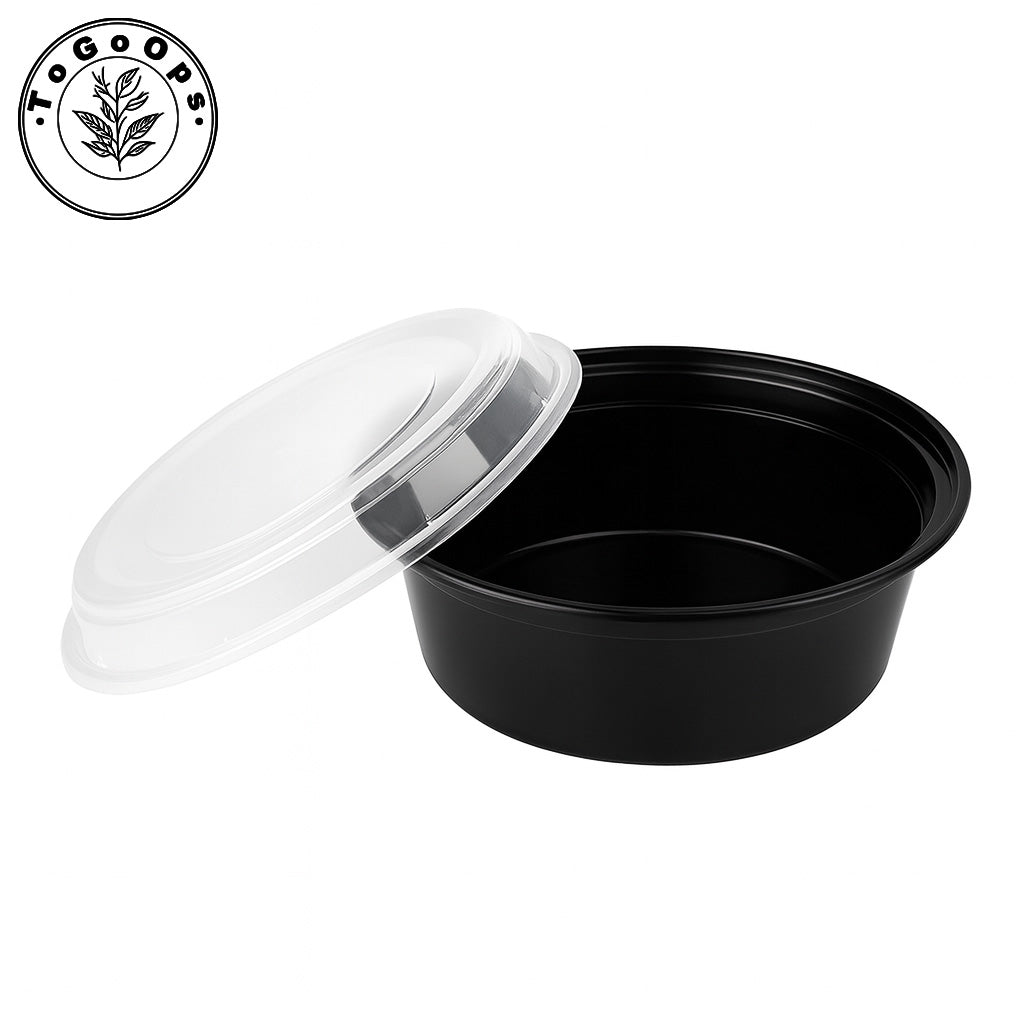 19/24/28oz Round Disposable Food Containers with Lids (150 Pack, Black & White)