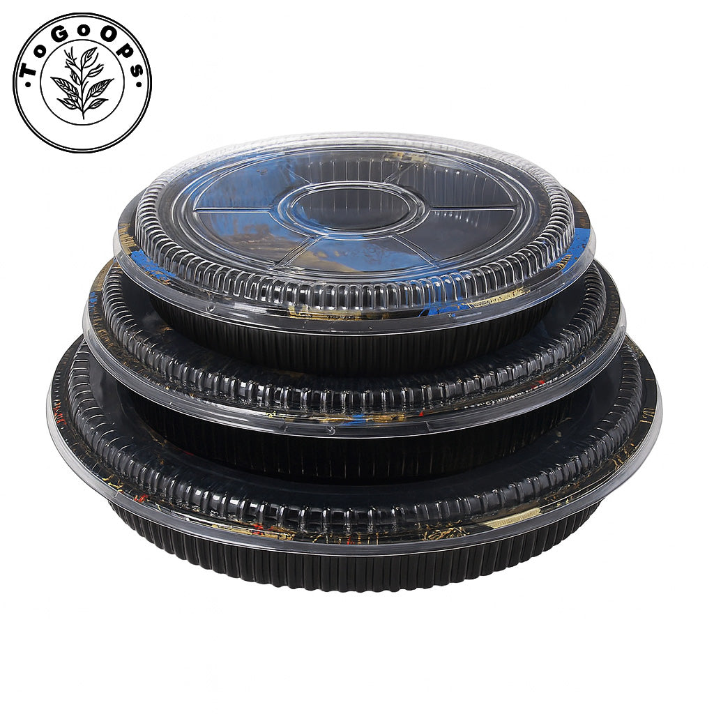 Round Japanese-Style Sushi & Party Trays with Lids – Disposable Plastic Containers for Sushi, Sashimi & Desserts
