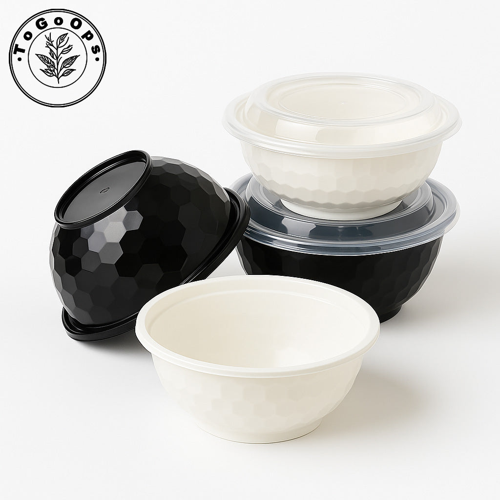 36-42oz Round Disposable Food Containers (150 Pack, Black & White)