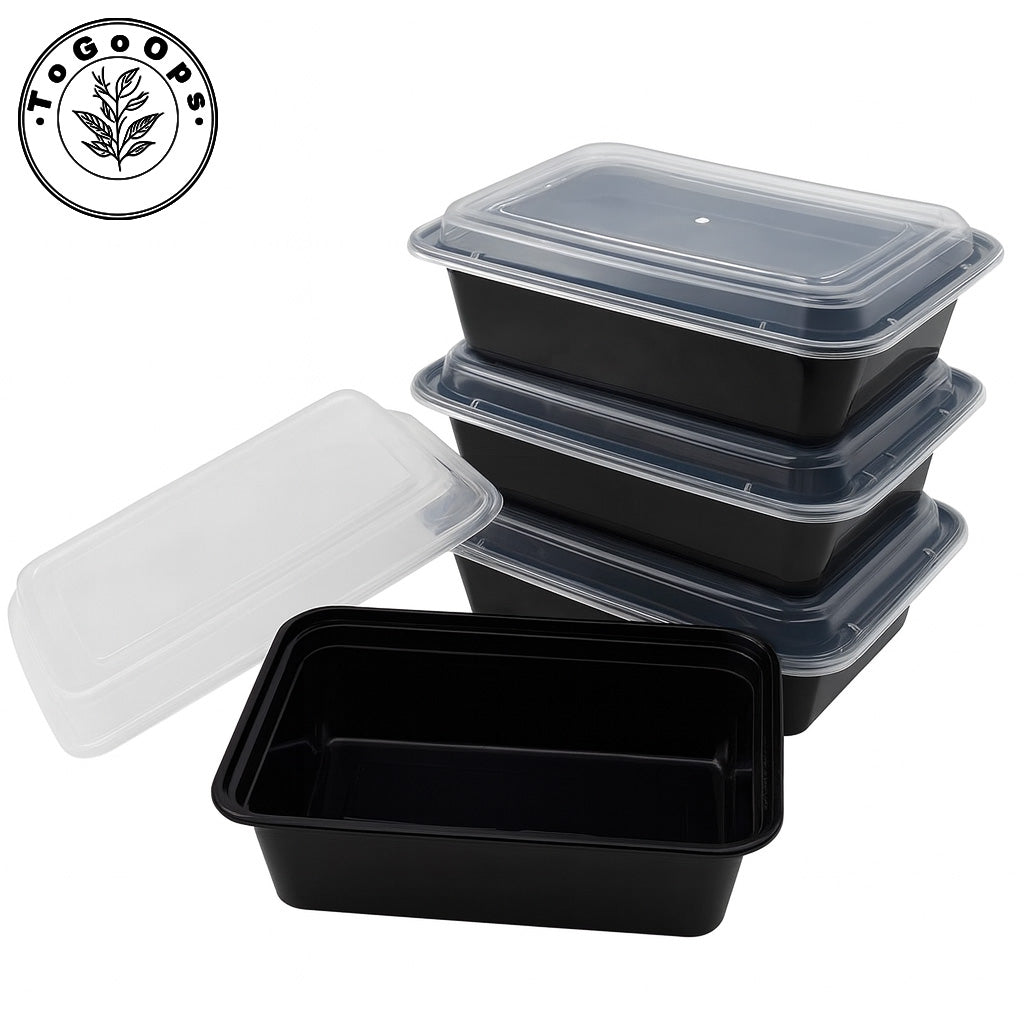 25/28/32oz Square Disposable Food Containers with Lids (150 Pack, Black & White)