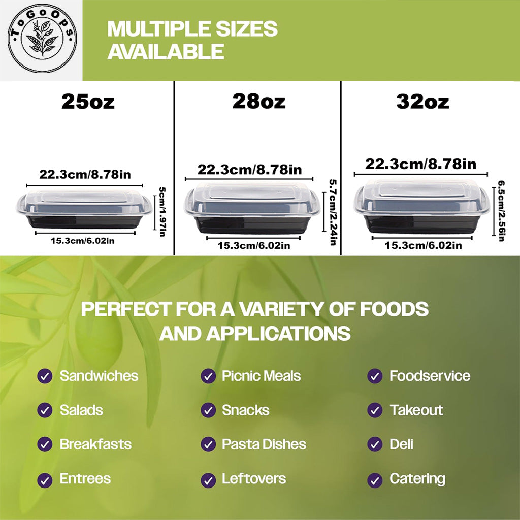 25/28/32oz Square Disposable Food Containers with Lids (150 Pack, Black & White)