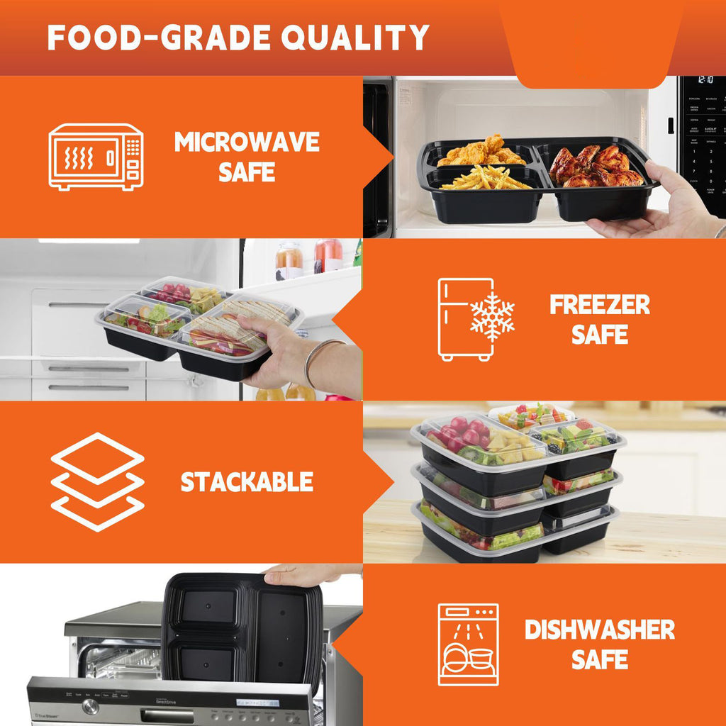 [50 Pack] Rectangular Disposable Food Containers with 2 or 3 Compartments – BPA-Free, Microwave & Freezer Safe