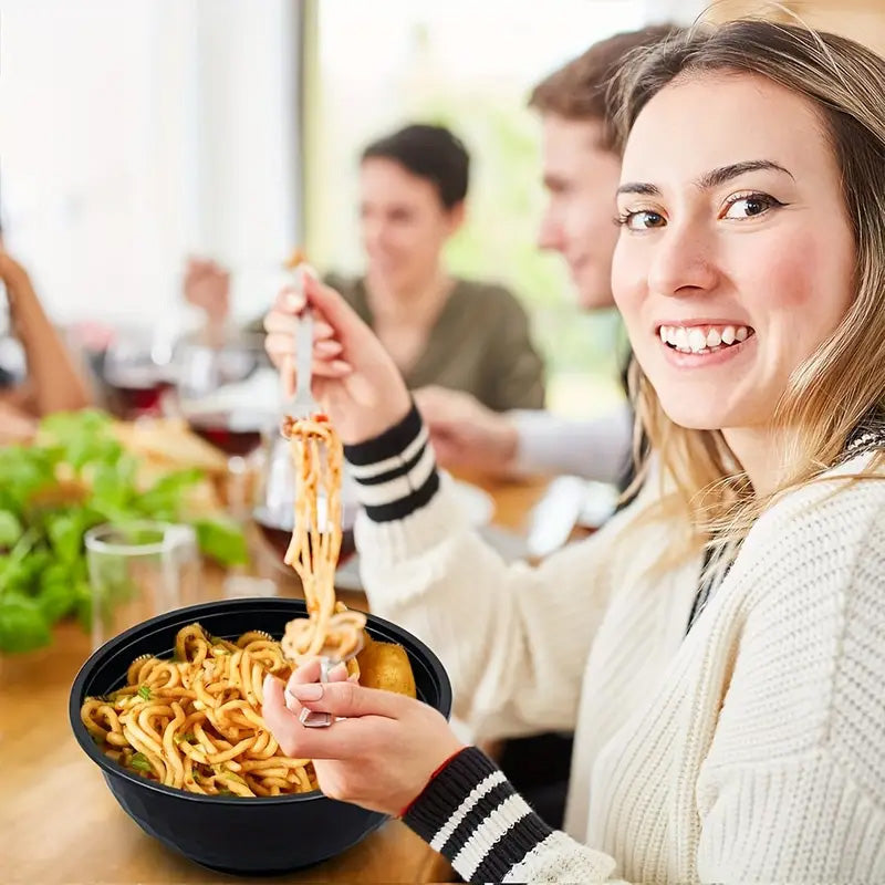 36-42oz Round Disposable Food Containers (150 Pack, Black & White)