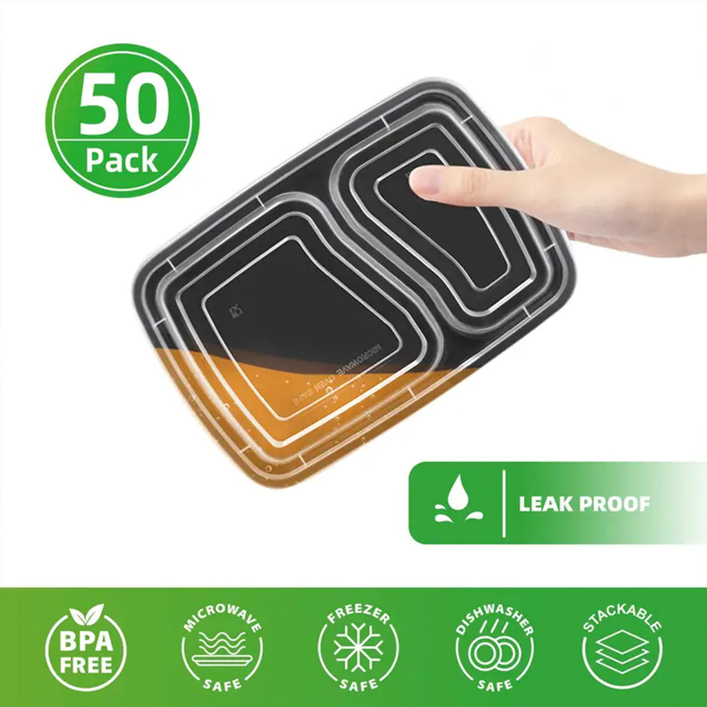 [50 Pack] Rectangular Disposable Food Containers with 2 or 3 Compartments – BPA-Free, Microwave & Freezer Safe