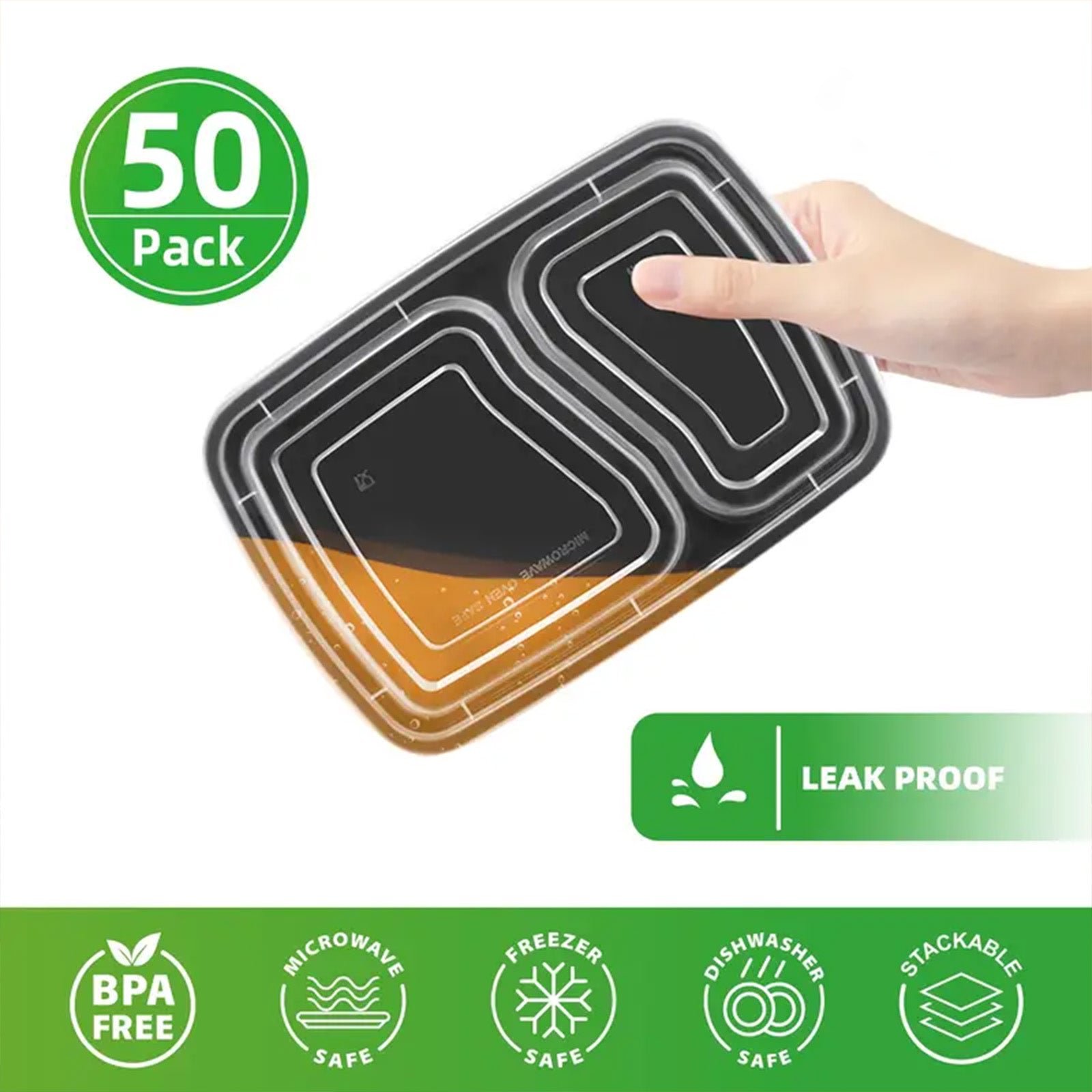 [50 Pack] Rectangular Disposable Food Containers with 2 or 3 Compartments – BPA-Free, Microwave & Freezer Safe
