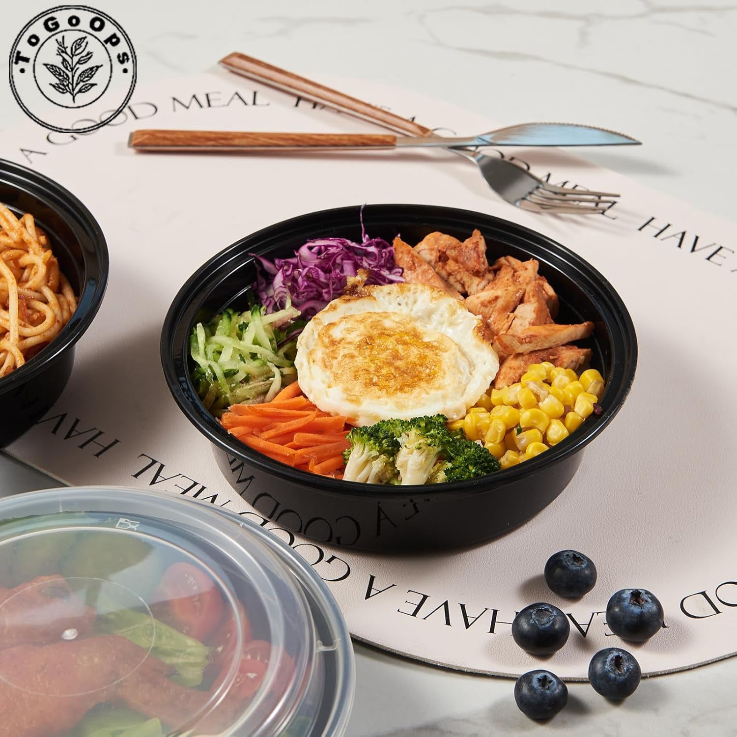 19/24/28oz Round Disposable Food Containers with Lids (150 Pack, Black & White)