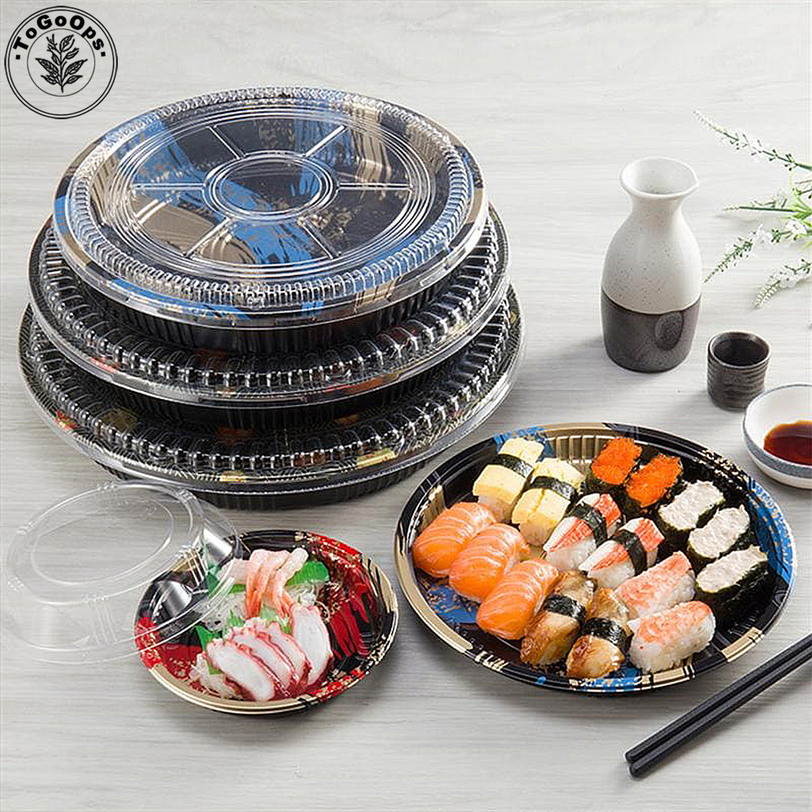 Round Japanese-Style Sushi & Party Trays with Lids – Disposable Plastic Containers for Sushi, Sashimi & Desserts