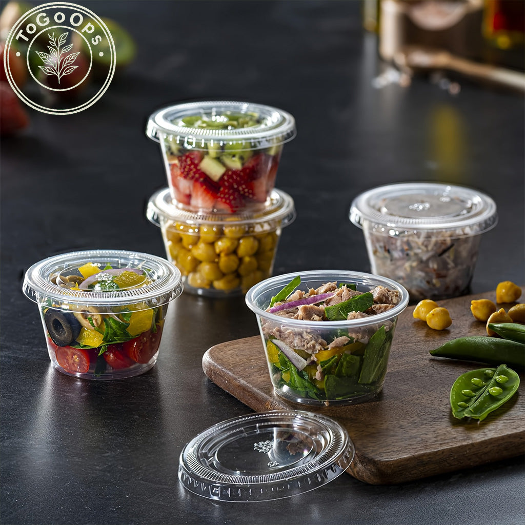 [200 Pack] Disposable Sauce Cups with Lids – 2oz, 3.25oz, 4oz | Leak-Resistant, Microwave & Freezer Safe