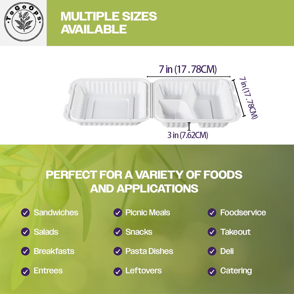 Large PP Hinged Containers – 7x7x3, 8x8x3, 9x9x3 inch, 3-Compartment – 50 Pack, Eco-Friendly, Ideal for Takeout & Catering