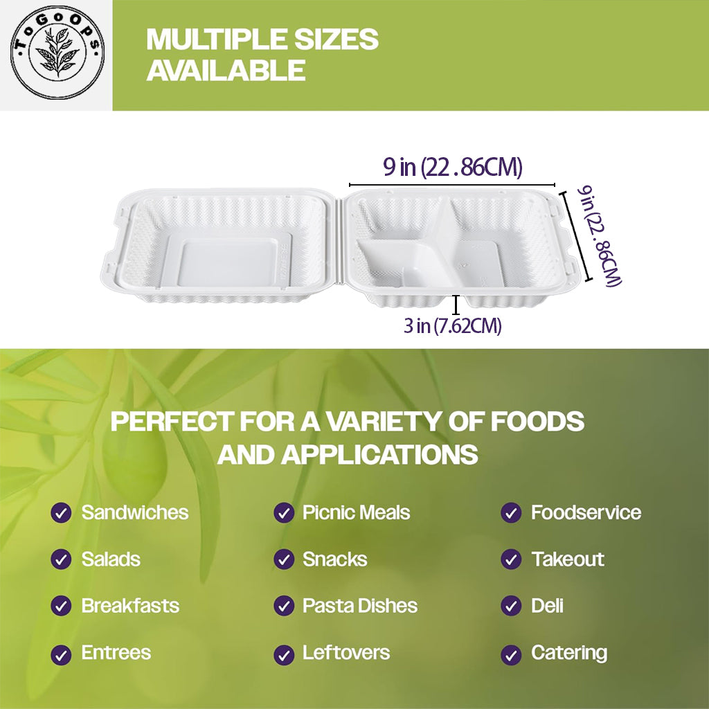 Large PP Hinged Containers – 7x7x3, 8x8x3, 9x9x3 inch, 3-Compartment – 50 Pack, Eco-Friendly, Ideal for Takeout & Catering