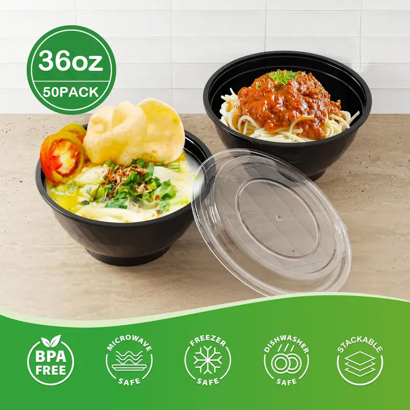 [50 Pack] 36-42oz Round Disposable Food Containers – Black & White