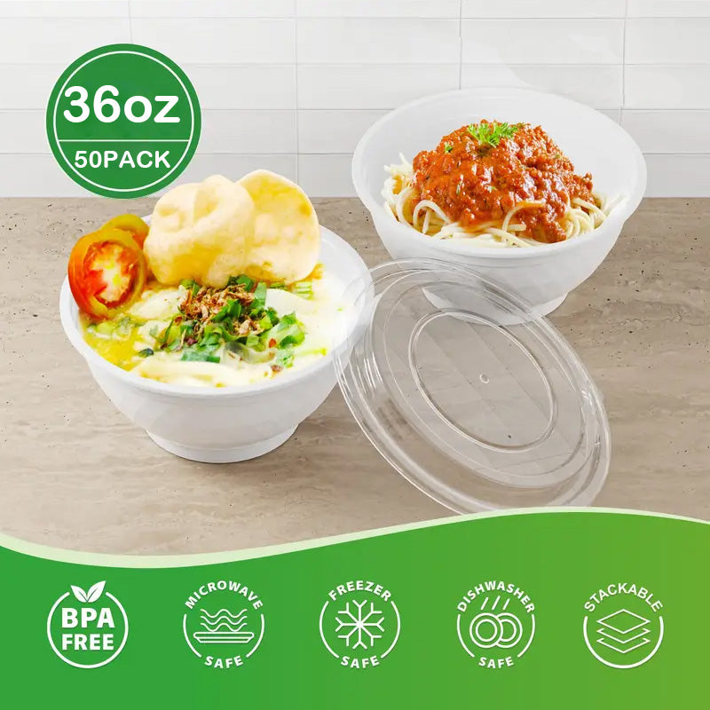 [50 Pack] 36-42oz Round Disposable Food Containers – Black & White