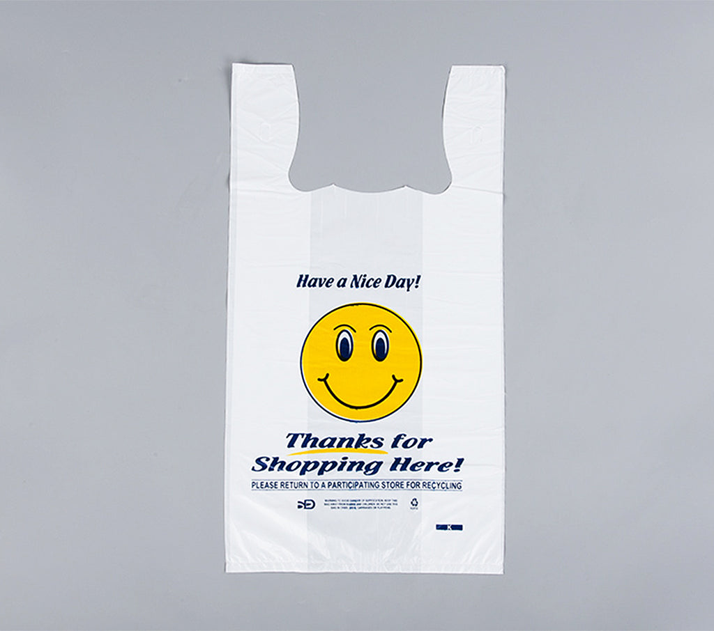 Plastic Shopping Bags with Smile Design – S1/6 (22”x12”) & S1/8 (18”x11.5”) – 180 or 260 Pack