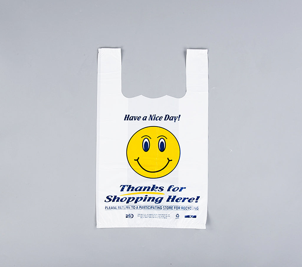 Plastic Shopping Bags with Smile Design – S1/6 (22”x12”) & S1/8 (18”x11.5”) – 180 or 260 Pack