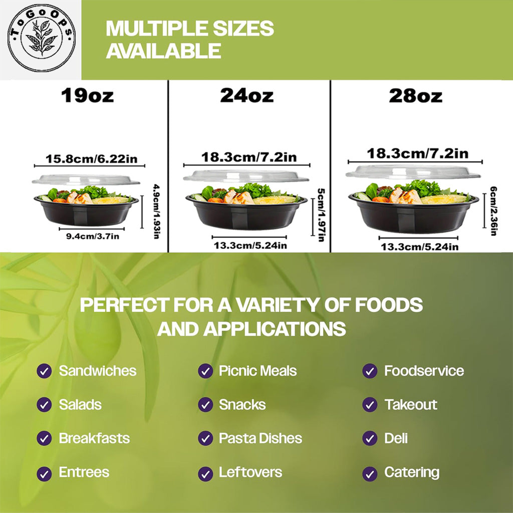 19/24/28oz Round Disposable Food Containers with Lids (150 Pack, Black & White)