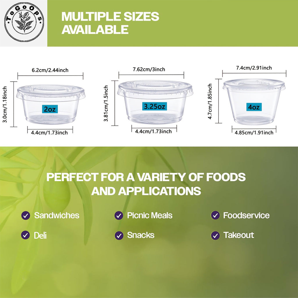 [200 Pack] Disposable Sauce Cups with Lids – 2oz, 3.25oz, 4oz | Leak-Resistant, Microwave & Freezer Safe