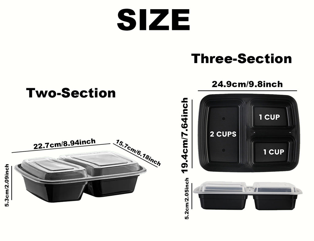 [50 Pack] Rectangular Disposable Food Containers with 2 or 3 Compartments – BPA-Free, Microwave & Freezer Safe